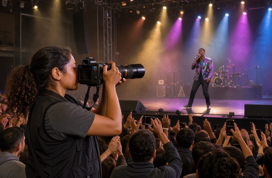 Une femme photographe prend des images d’un concert depuis le public, face à une scène éclairée de bleu, de violet et d’ambre.