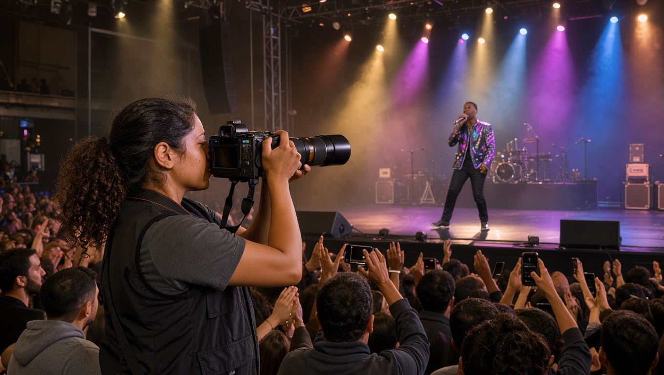 Une femme photographe prend des images d’un concert depuis le public, face à une scène éclairée de bleu, de violet et d’ambre.