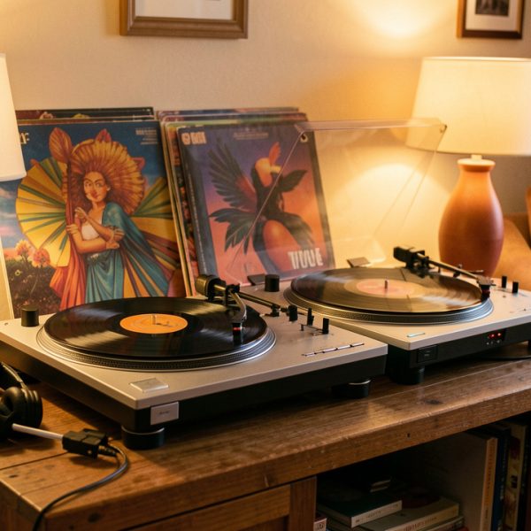 Deux platines vinyle à entraînement direct avec des disques colorés et un casque DJ dans un salon chaleureux baigné de lumière douce.