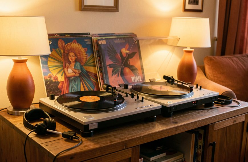 Deux platines vinyle à entraînement direct avec des disques colorés et un casque DJ dans un salon chaleureux baigné de lumière douce.