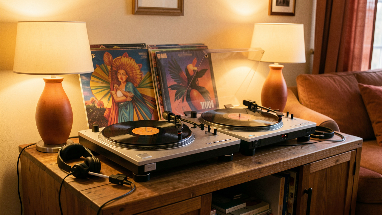 Deux platines vinyle à entraînement direct avec des disques colorés et un casque DJ dans un salon chaleureux baigné de lumière douce.