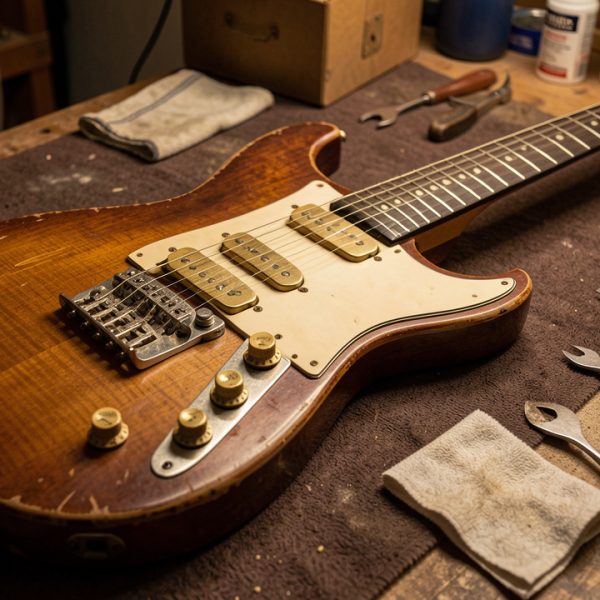 Guitare électrique ancienne posée sur un établi, entourée d’outils et de matériel de nettoyage pour une restauration attentive de ses pièces d’origine.