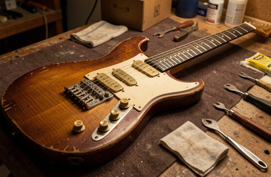 Guitare électrique ancienne posée sur un établi, entourée d’outils et de matériel de nettoyage pour une restauration attentive de ses pièces d’origine.