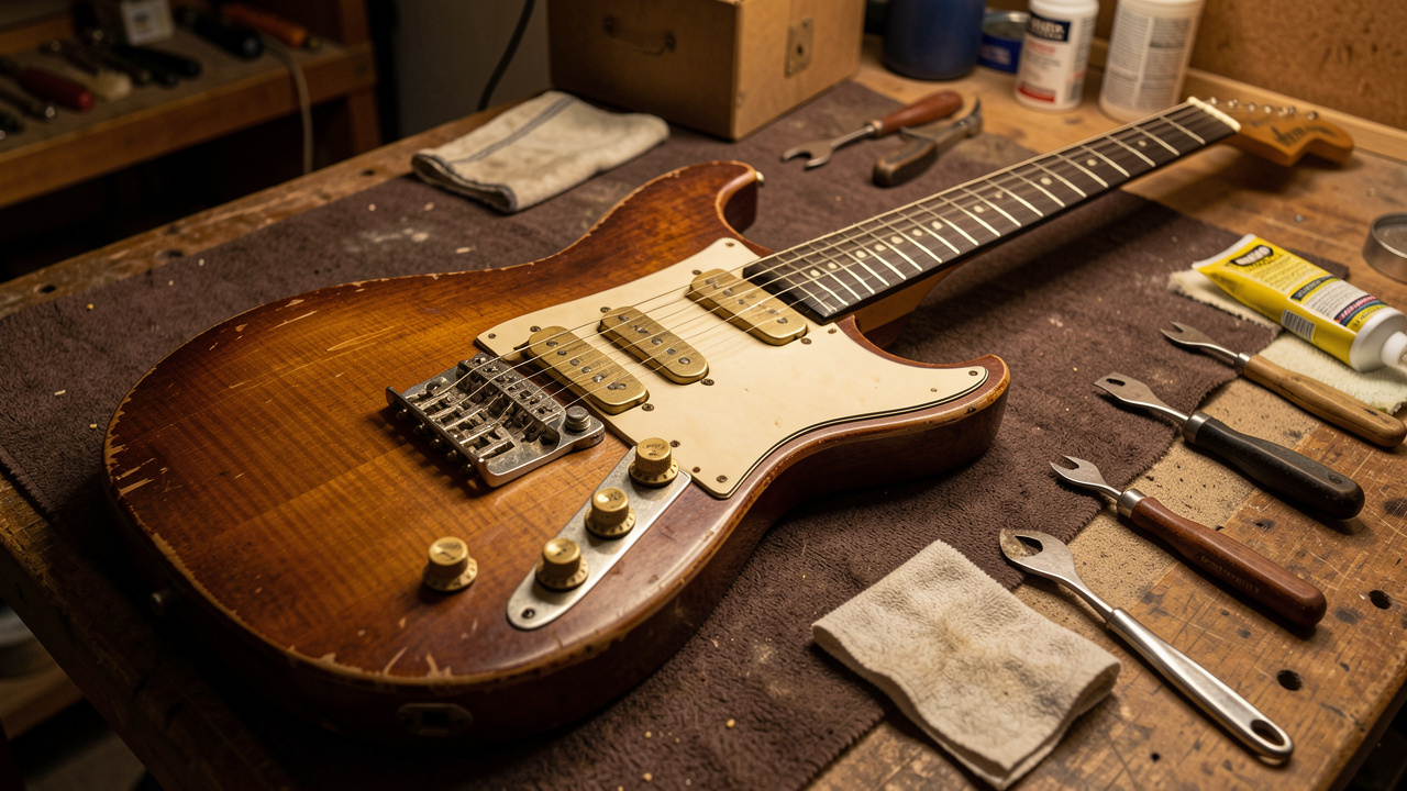 Guitare électrique ancienne posée sur un établi, entourée d’outils et de matériel de nettoyage pour une restauration attentive de ses pièces d’origine.