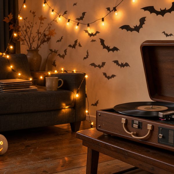Salon chaleureux décoré pour Halloween avec une platine vinyle, des guirlandes orange, des citrouilles lumineuses et des silhouettes de chauves-souris.