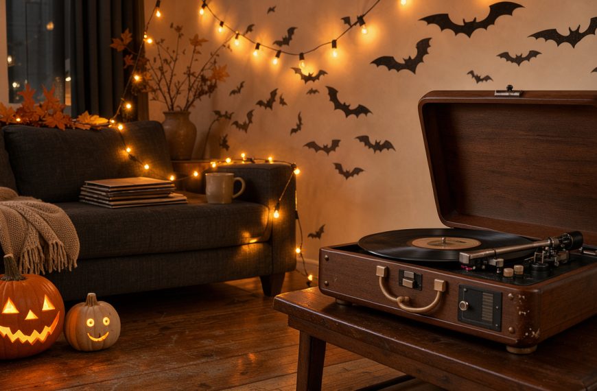 Salon chaleureux décoré pour Halloween avec une platine vinyle, des guirlandes orange, des citrouilles lumineuses et des silhouettes de chauves-souris.