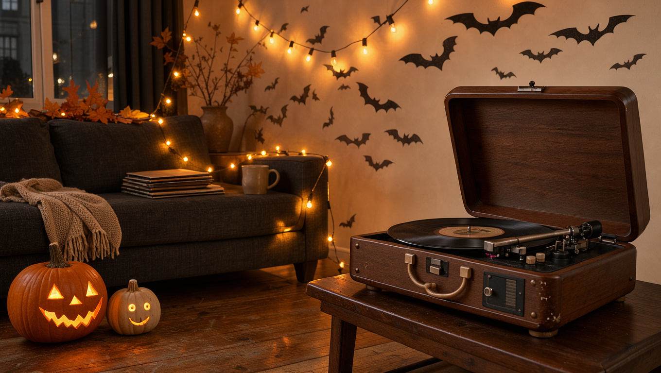 Salon chaleureux décoré pour Halloween avec une platine vinyle, des guirlandes orange, des citrouilles lumineuses et des silhouettes de chauves-souris.